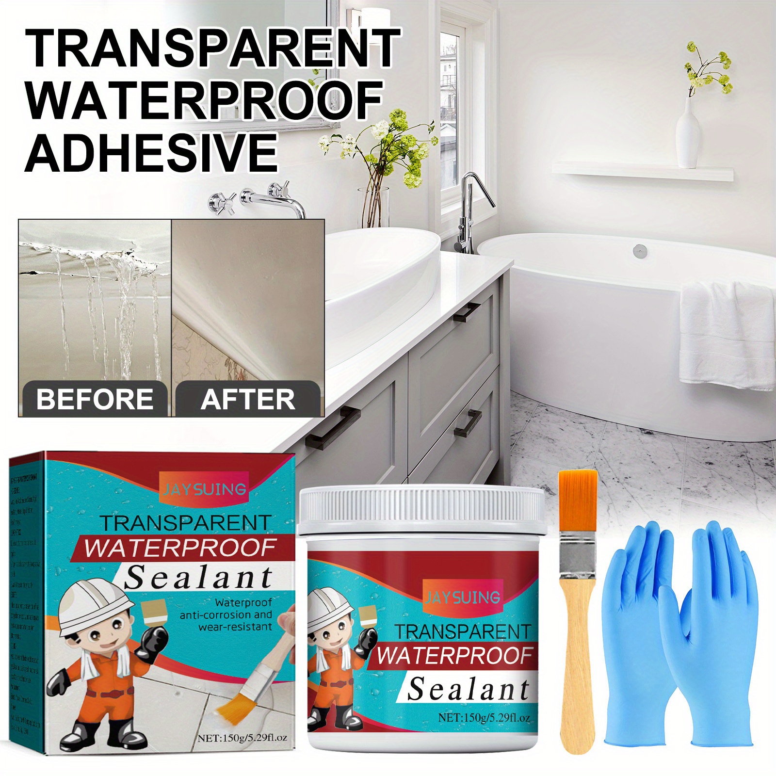 100g/300g Transparent Waterproof Adhesive External Wall Bathroom Toilet  Floor Tile Infiltration Type Waterproof Agent Wall Leak Proof Paint ( With  Bru