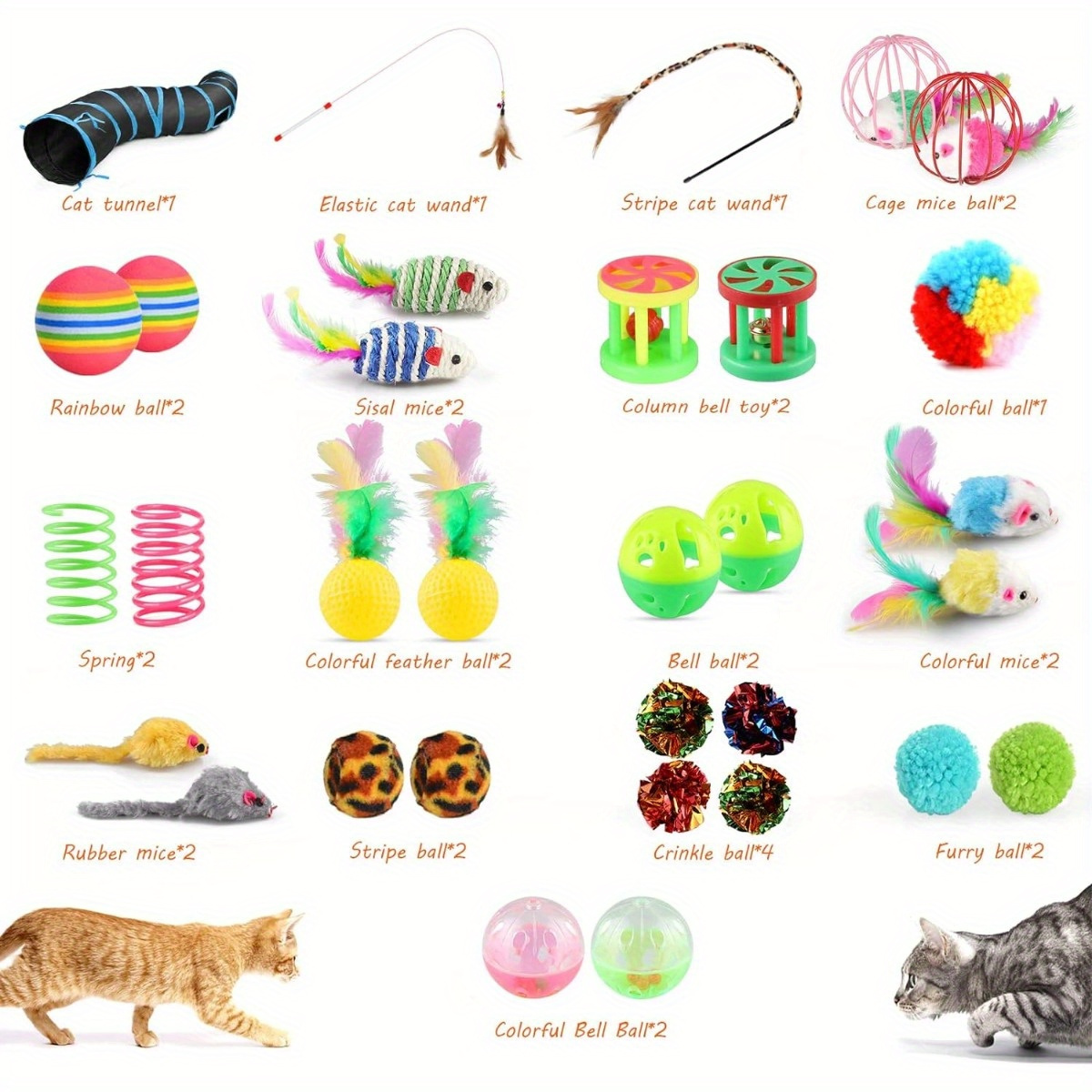 32 PCS Cat Toys Set Kitten Toys Assortments Including 2 Way Rainbow Tunnel  Cat Feather Teaser Wand Sisal Mice Bell Balls Crinkle Balls Interactive Cat