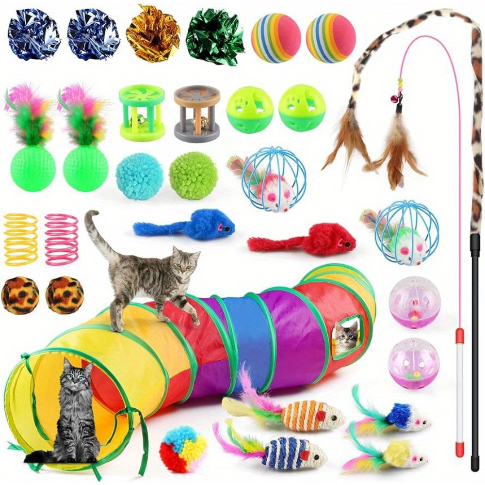 

32 Pcs Cat Toys Set Kitten Toys Assortments Including 2 Way Rainbow Tunnel Cat Feather Teaser Wand Sisal Mice Bell Balls Crinkle Balls Interactive Cat Toys For Indoor Cats Kitten