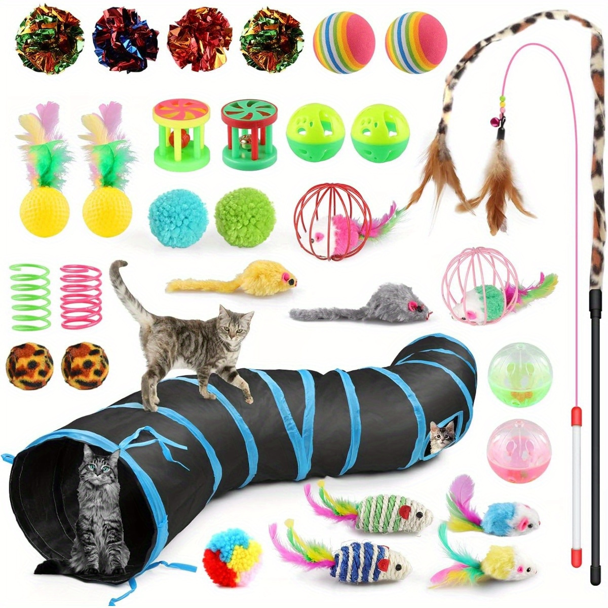 32 PCS Cat Toys Set Kitten Toys Assortments Including 2 Way Rainbow Tunnel  Cat Feather Teaser Wand Sisal Mice Bell Balls Crinkle Balls Interactive Cat