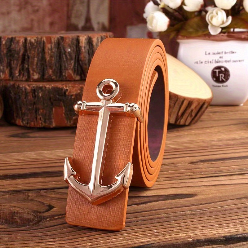 Vintage Anchor Pin Buckle Belt Classic Solid Color Leather - Temu