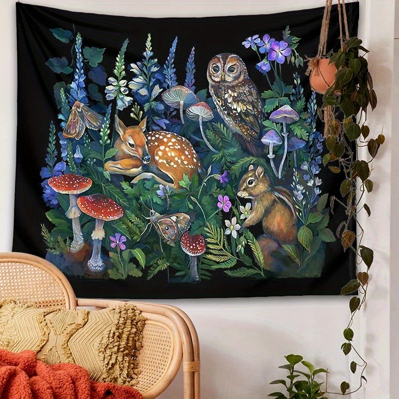 Mushroom Cat Garden Flower Forest Print Tapestry Wall Temu