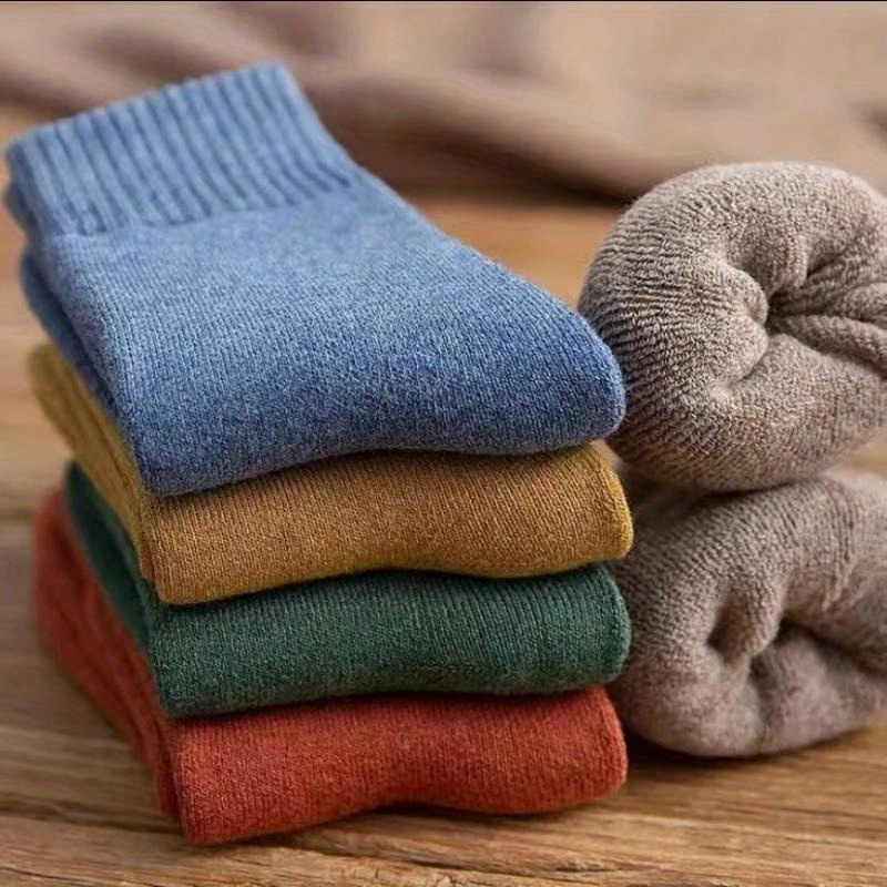 

5 Pairs Of Mixed Color Thickened Winter Socks, Cozy Terry Fleece Thermal Casual Crew Socks