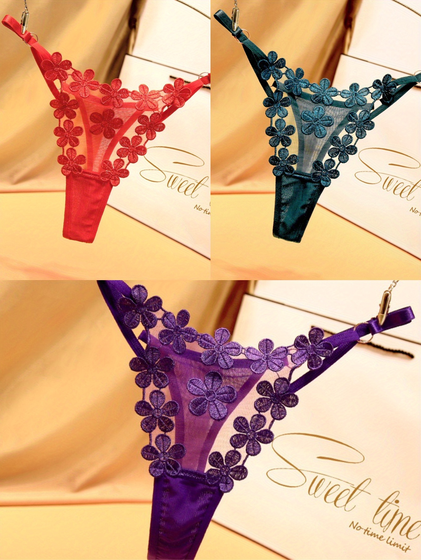 Floral Embroidery Thongs Ring Linked Mesh Panties Women's - Temu