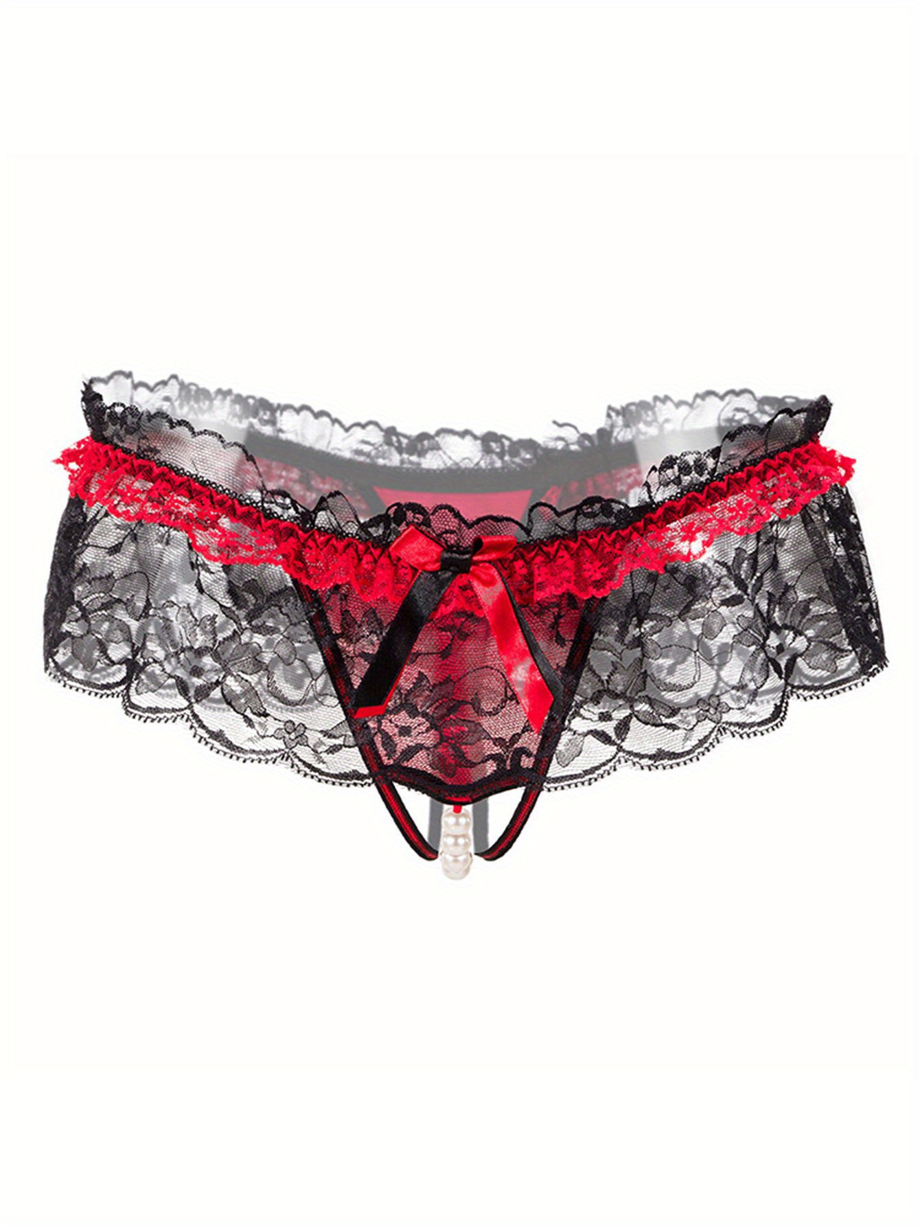 O&A Women's G-String Pearl Panties 3 Pack ((Red, Pink, Black