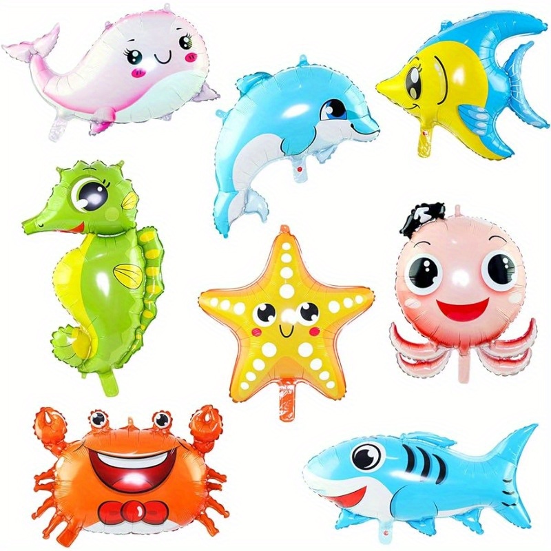 

8pcs Large Ocean Animal Balloons (20-30in), For Under The Sea Theme Party Decoration- Octopus, Shark, Fish, Dolphin, Seahorse, Crab, Scallop Foil Balloons