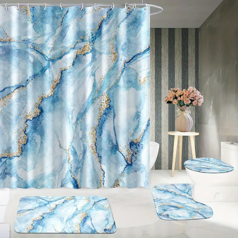 Blue Marble Shower Curtain Set, Non-slip Bath Mat, Toilet Lid