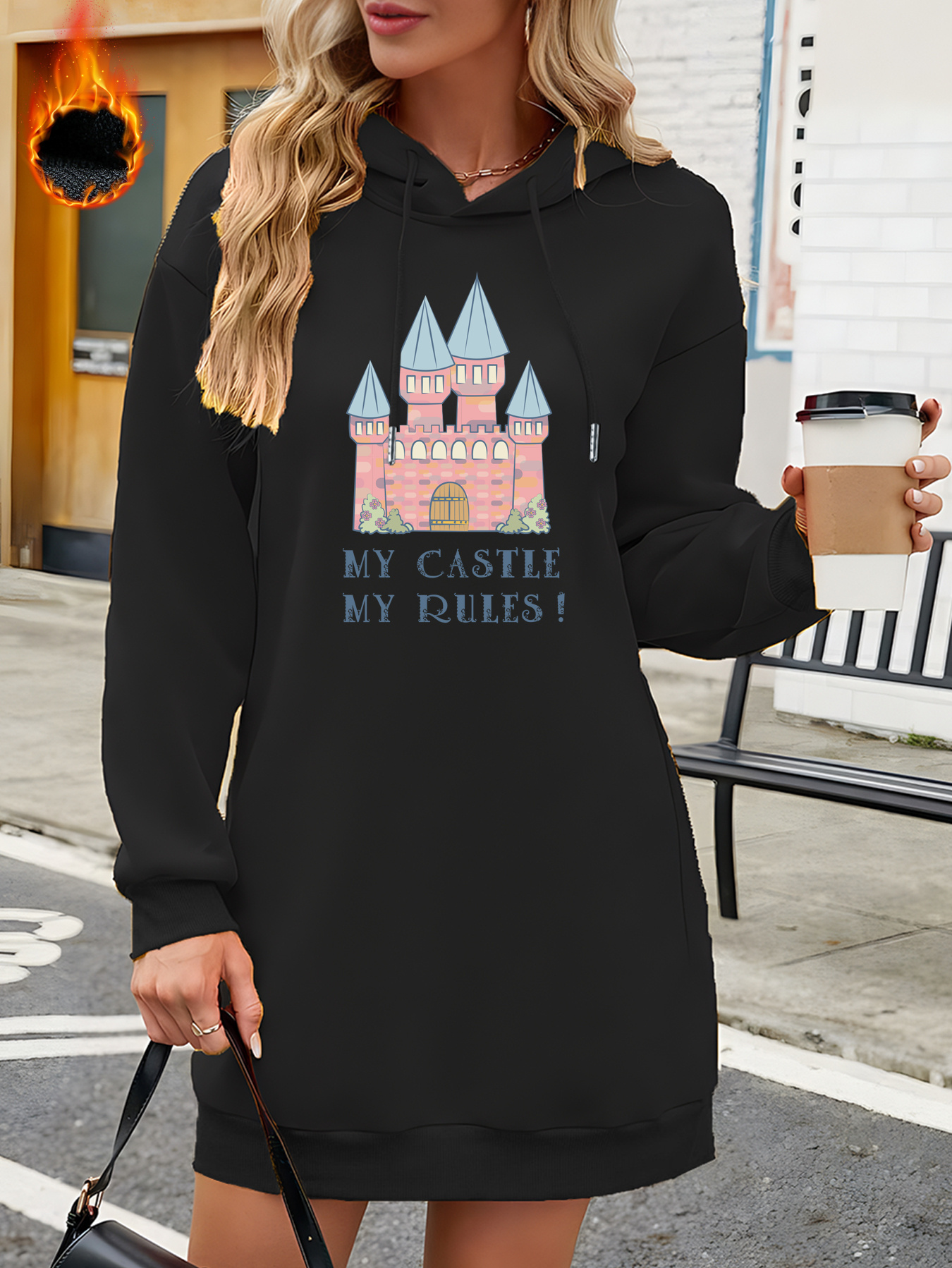 Castle Letter Print Drawstring Hooded Sweatshirt Long - Temu