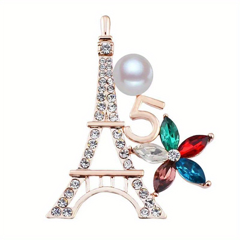 

Elegant Brooch With Eiffel Tower Design, Adorned With 5 Flowers, Rhinestones, And Pearls, Ideal As A Gift For A Woman At A Party