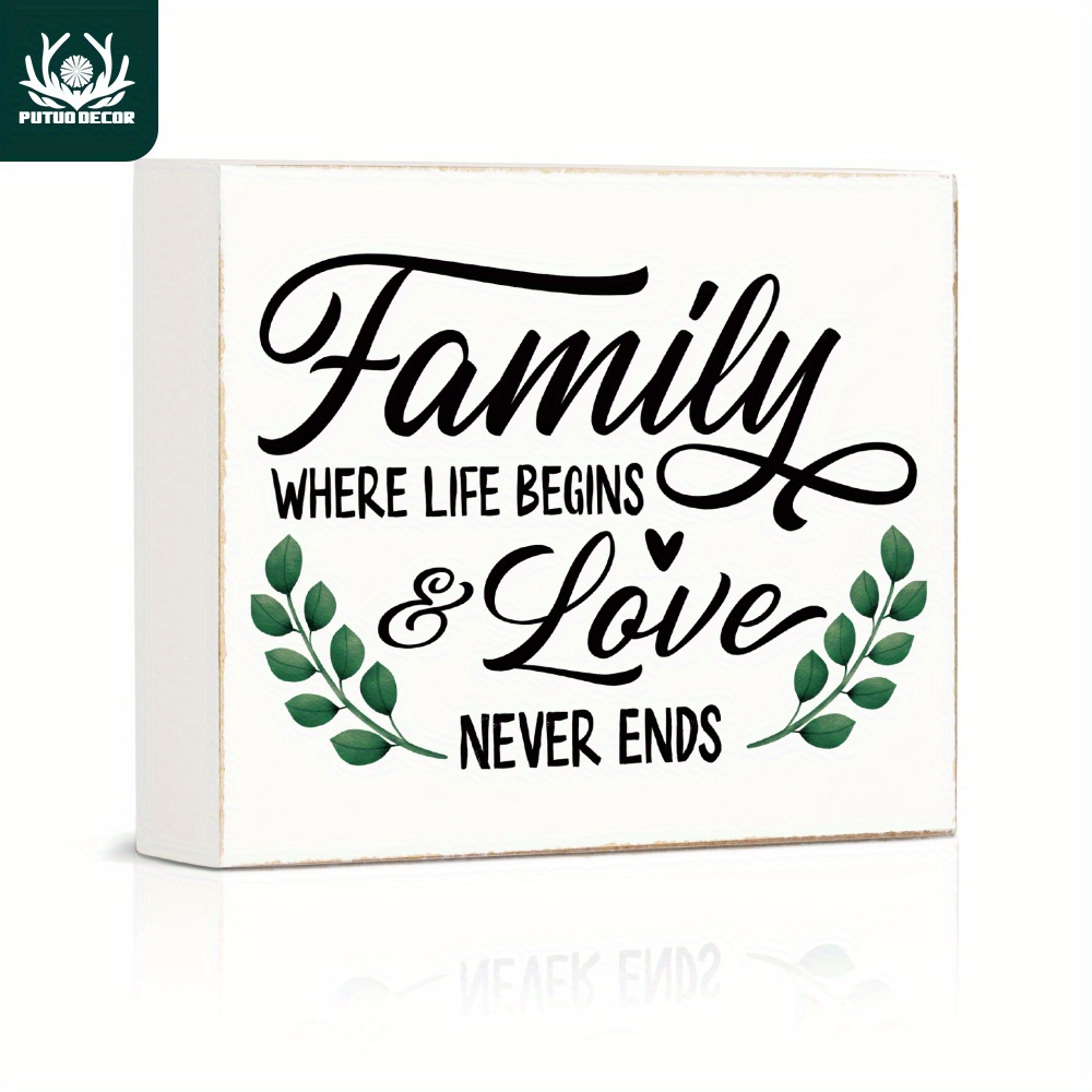 

1pc Putuo Decor White Wooden Box Sign, Family Where Llife Begins & Love Never Ends Wood Crafts Desk Decor For Living Room Kitchen Fireplace, 4.7 X 5.8 Inches Gifts