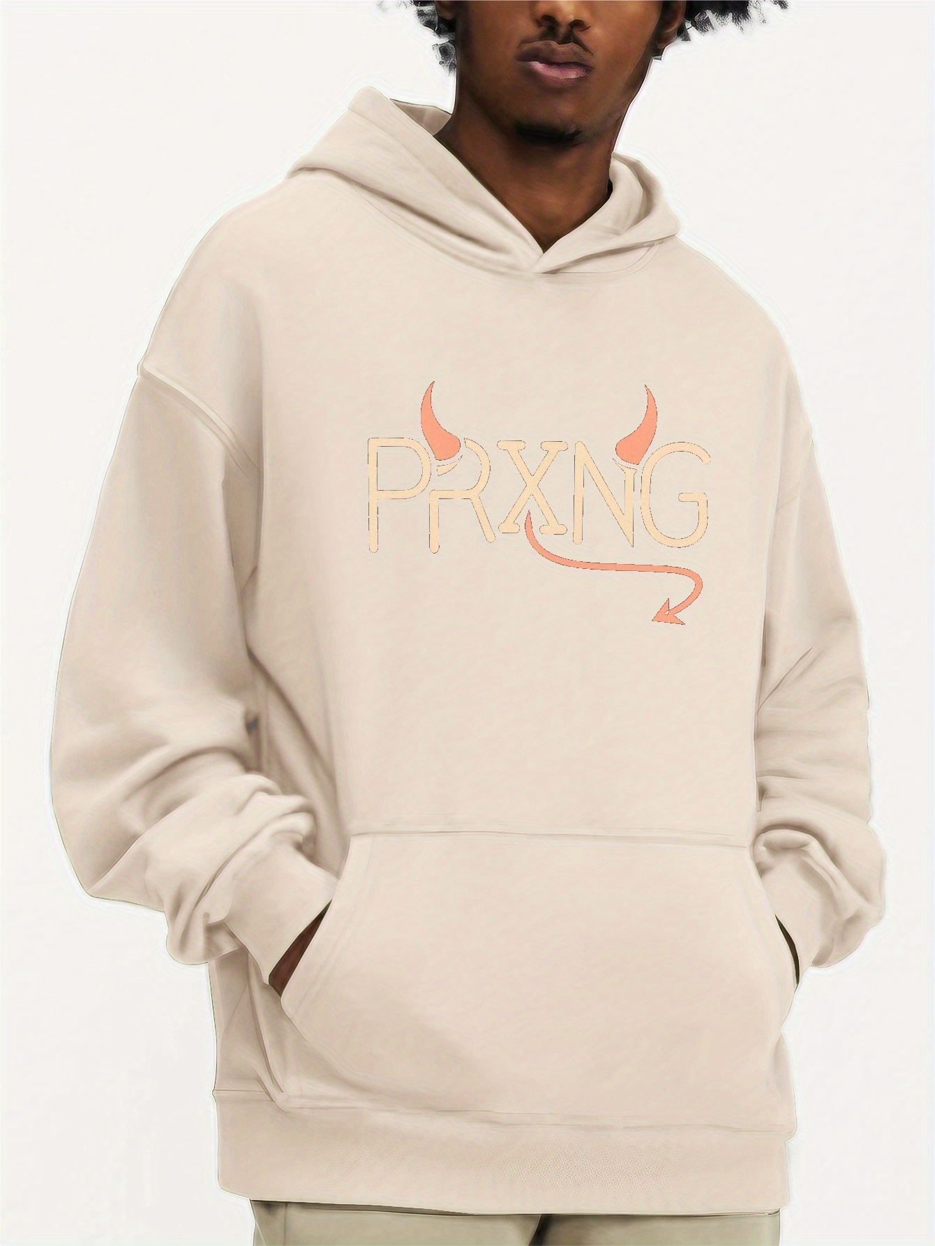 Devil Print Hoodie With Kangaroo Pocket, Men's Casual Pullover