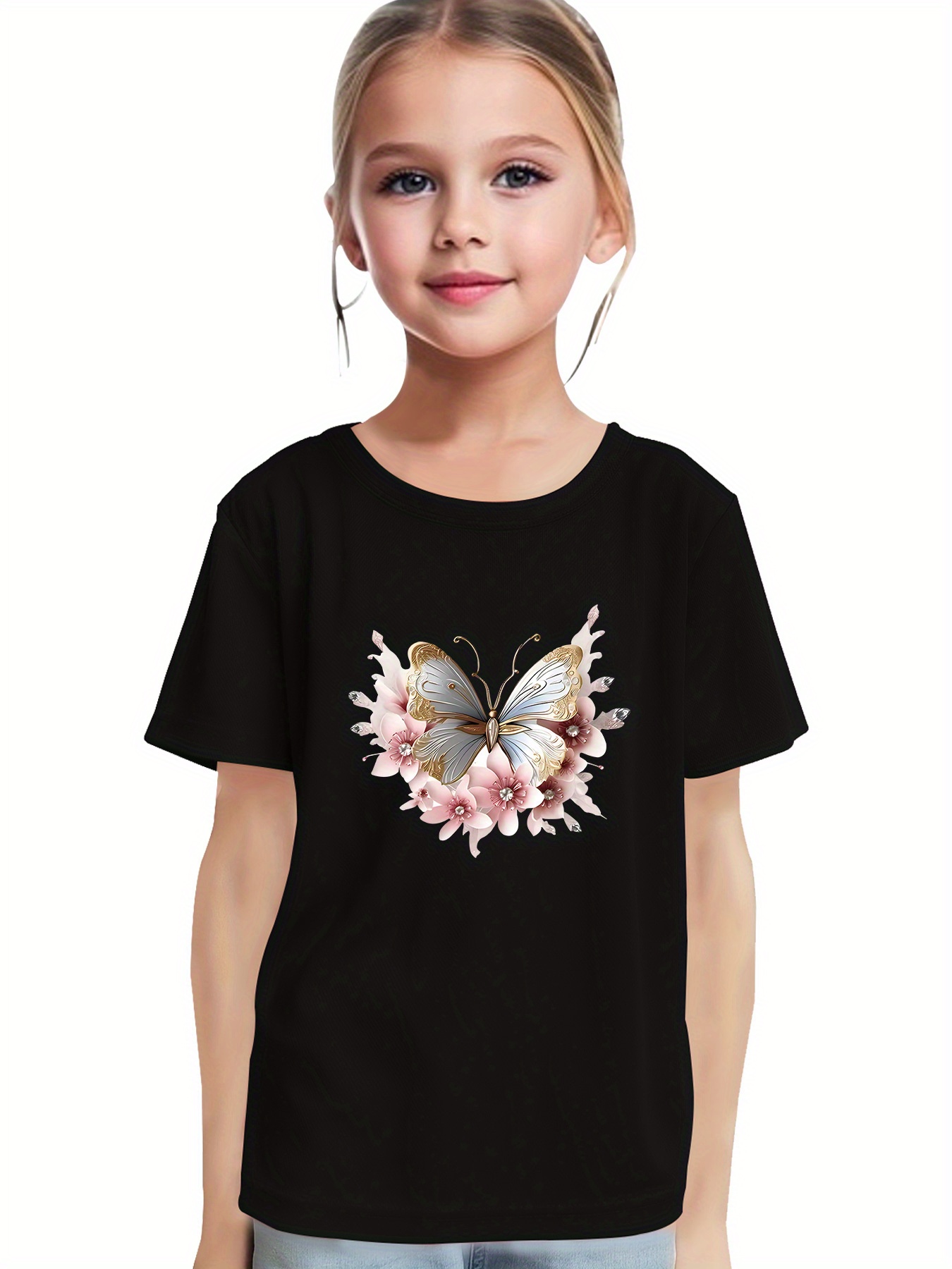 Kid Girl Butterfly Print Short-sleeve Black Tee