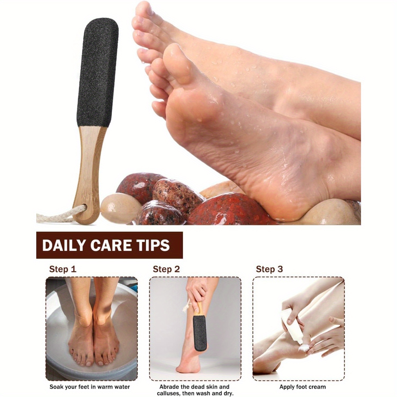 Pumice Stone Foot File - Wooden Pedicure Feet Scrubber with Handle