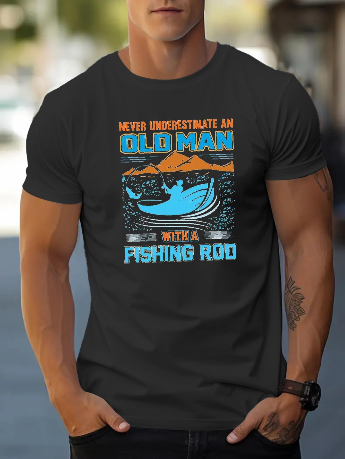 Old Man Fishing Print Men's Short Sleeve T shirt Summer T - Temu