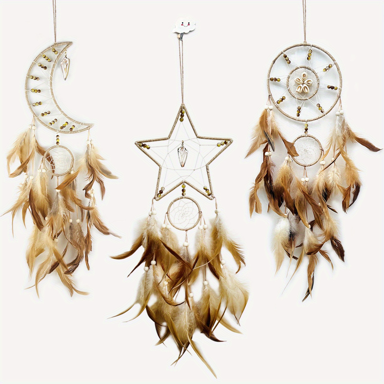 Pre-lit Dream Catchers Set,Sun Moon Design Large Handmade Boho Wall Hanging  Ornament,Feather Native Home Wall Decoration,Christmas gifts for Kids  Bedroom Adult Living Room Home 