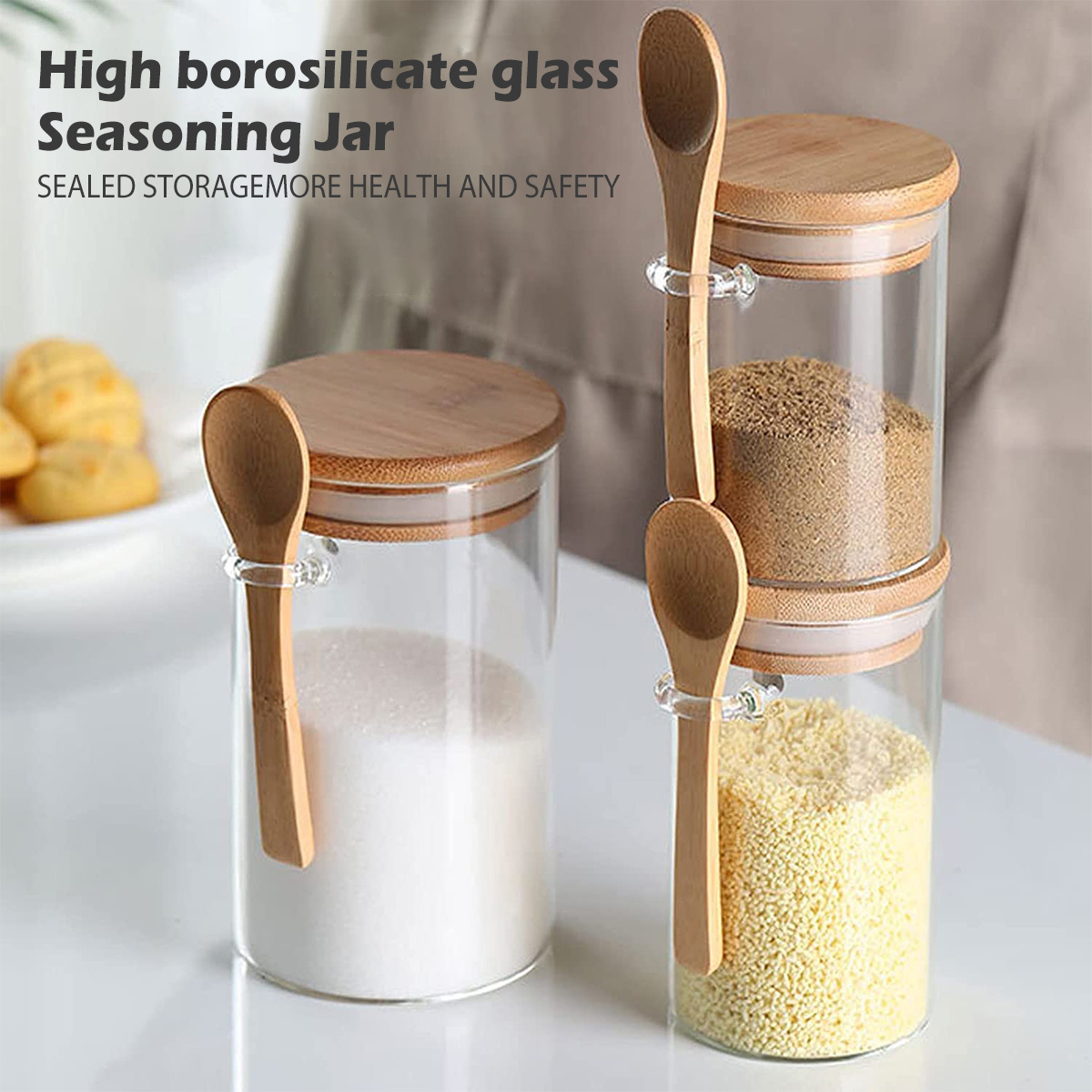 Set of 2 Airtight Glass Jars with Bamboo Lids & Bamboo Spoons - Decorative  & Durable 17-Oz Borosilicate Glass Canisters Hold Coffee Beans, Tea, Flour