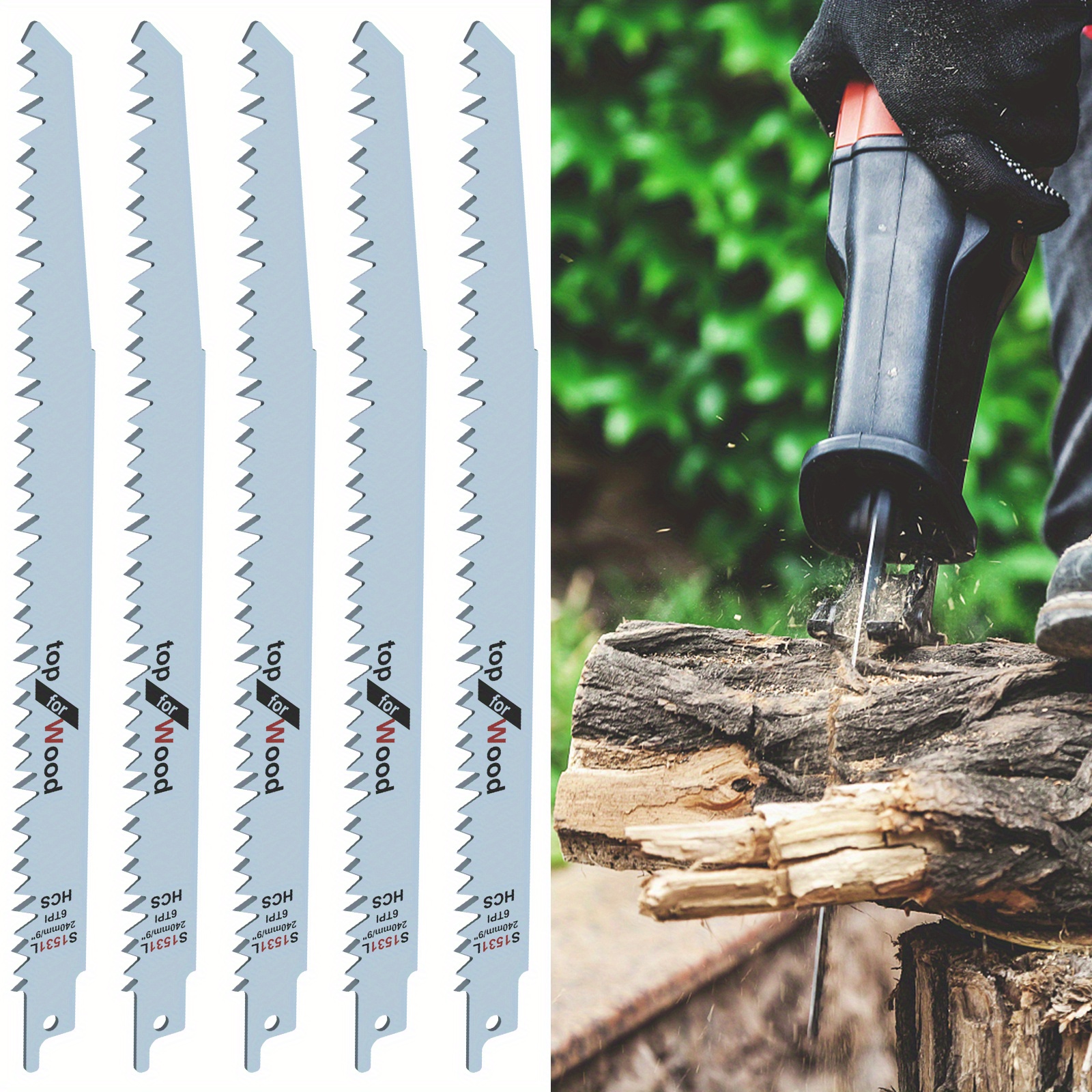 10pcs 9” Reciprocating Saw Blade for Wood Pruning Cutting, 5-TPI Big Teeth Saw Blade, Carbon Steel Metal Sabre Saw Blades, Wood Pruning Saw