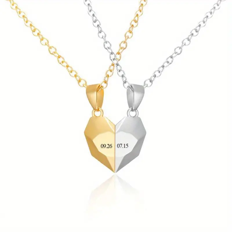 Customized Engraved Personalized Two Heart Pendant Magnet Necklaces for Couple Matching Necklace Anniversary Gifts for Woman Her (Customization Can