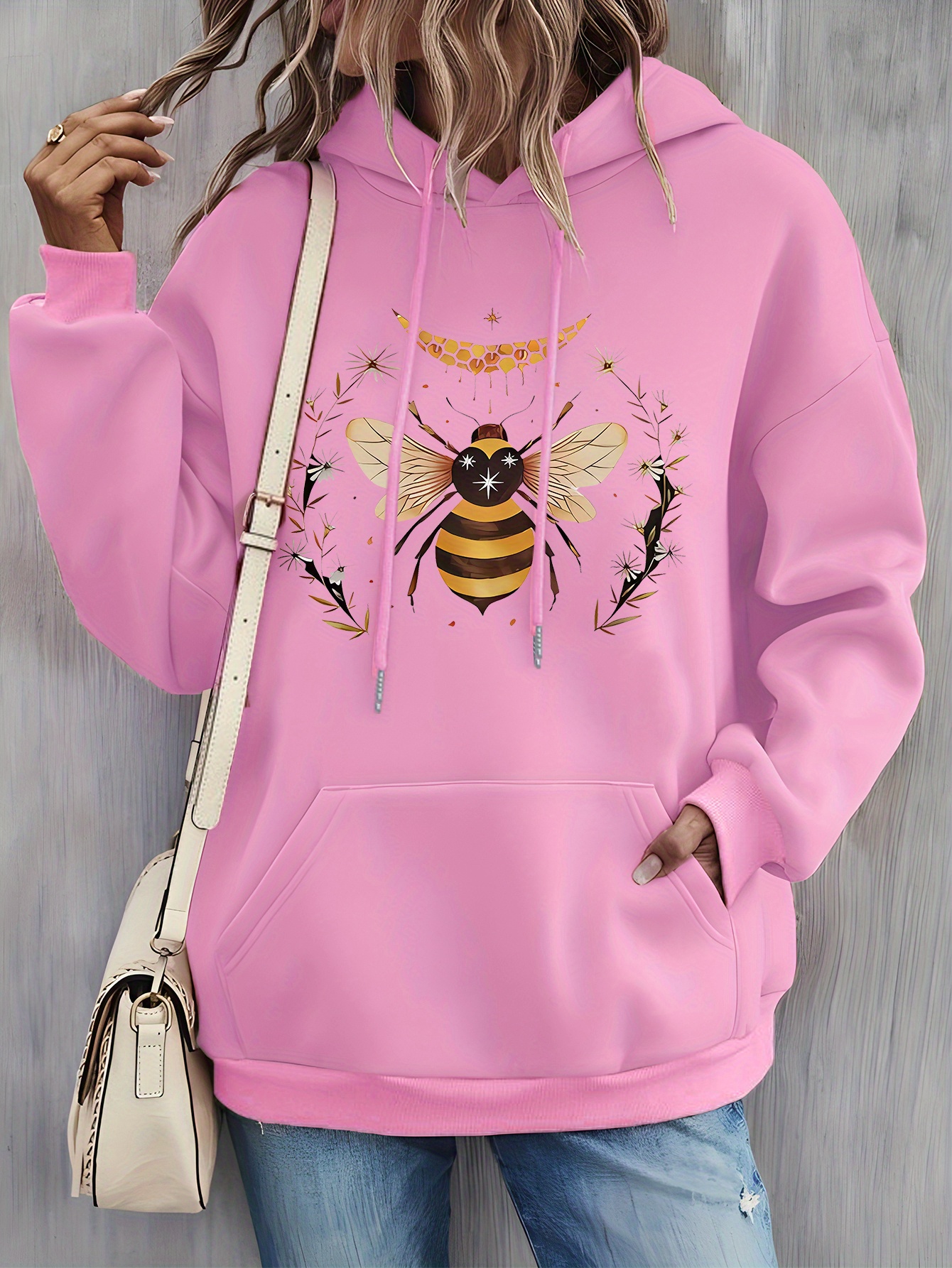 Bee Graphic Letter Print Fleece Lined Sports Hoodie Drawstring