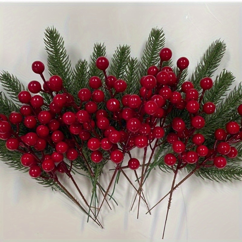 

10pcs Christmas Artificial Pine Needles Branches, Artificial Green Pine Needles Branches With Red Berry Stems Branches For Wreath Christmas Home Decoration