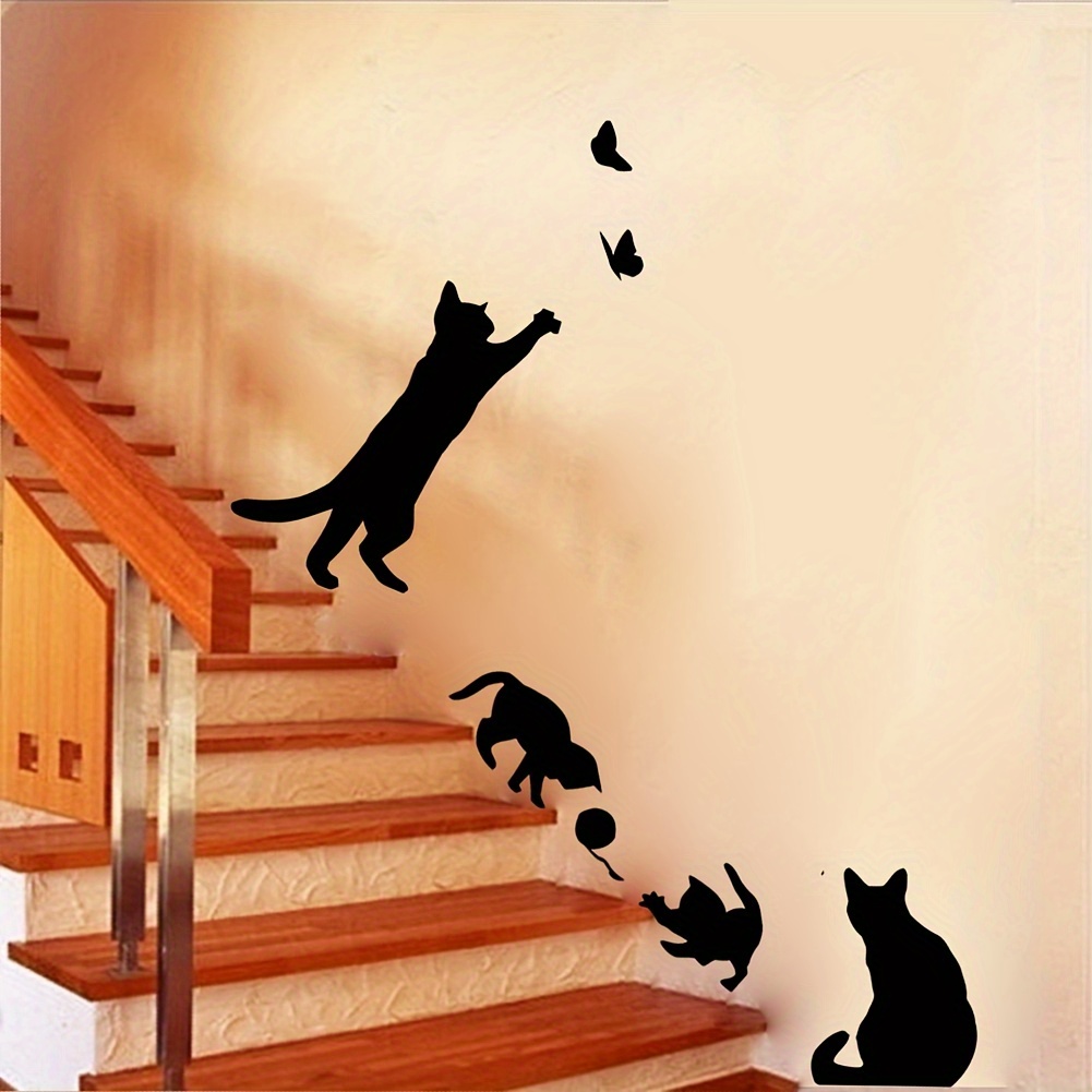 2 pièces chat noir stickers muraux ensemble auto-adhésif pour la décoration  murale, lampadaire étoile chat