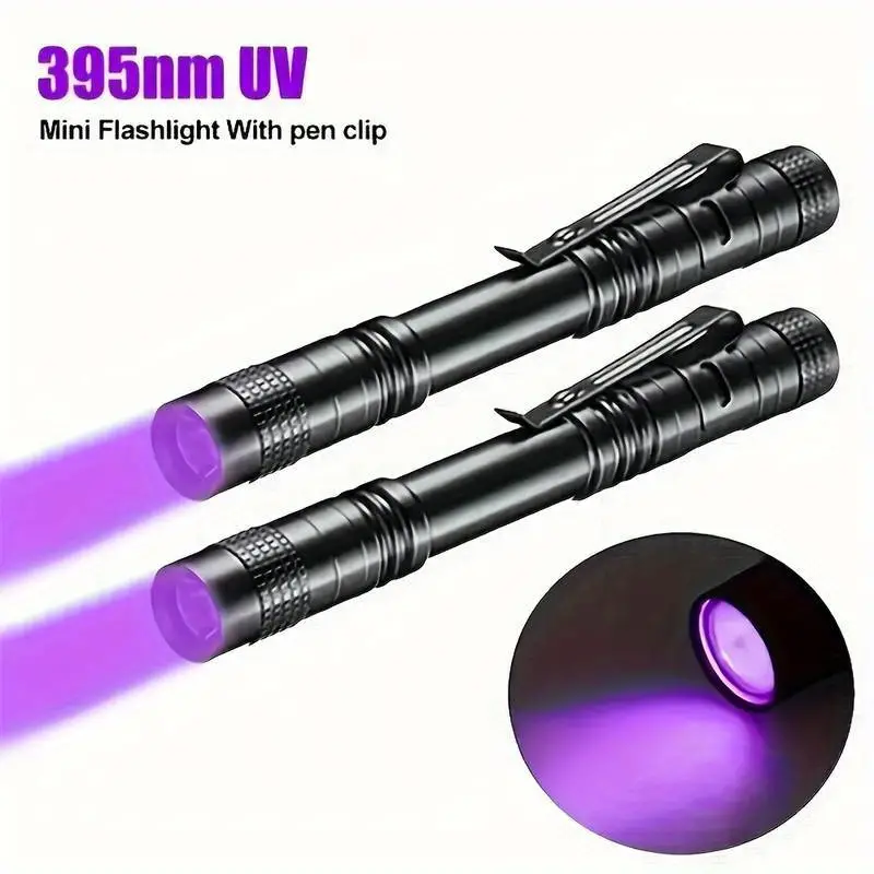 1pc 2pcs uv 395nm flashlights with clip mini pen light black light waterproof ultraviolet aluminum alloy torch for leaf pet urine scorpion hotel inspection dry stay and bed bug battery not included details 1