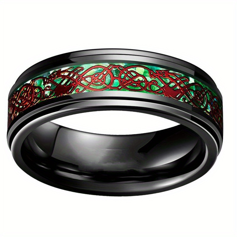 1pc Fashion Stainless Steel Men's Rings Anniversary, Party Gift Vintage  Black Green Red Carbon Fiber Dragon Pattern Rings For Men Accessories