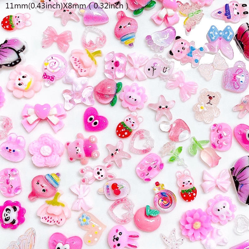 CESUSME 3D Nail Charms Assorted Mix Bear Cartoon Pink Blue White Nail  Charms Lollipop Color Flower Butterfly Bowknots Heart Pearls Candy Cute  Nail