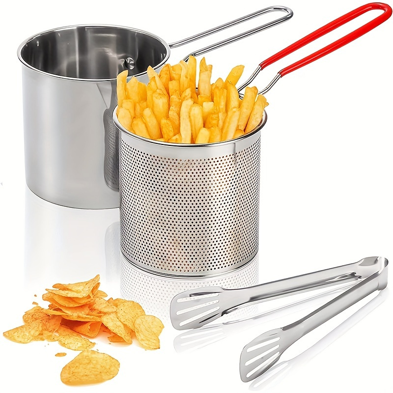 1 Set Food Fryer Stainless Steel Frying Cookware Snack Fry Basket Fryer Pot  with Tong Stove Ring
