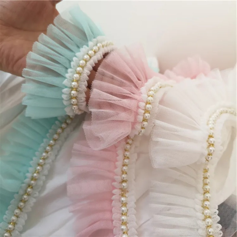 1 Yard Pleated Mesh Lace Ruffle Trim Ribbon Tassel Faux Pearl Beading  Applique Wedding Bridal Dress DIY Sewing Craft