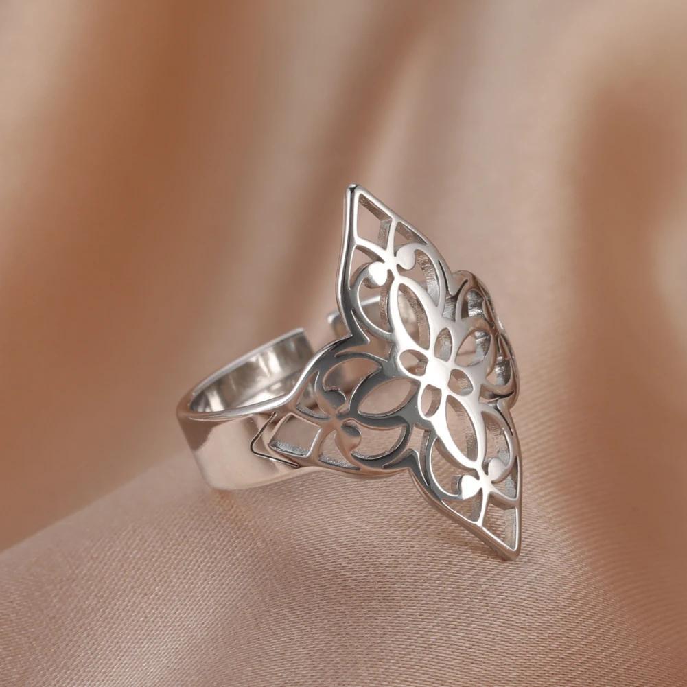 

1pc Flower Of Life Adjustable Ring, Stainless Steel Finger Ring, Retro Jewelry Gift