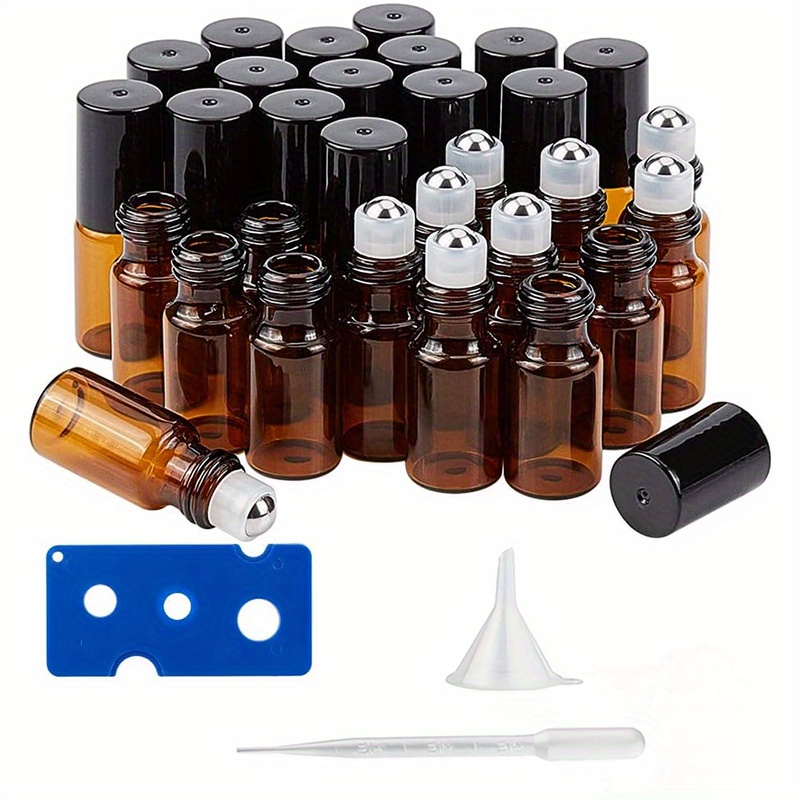 

50pcs 1ml/3ml Mini Amber Brown Glass Roller Bottle With Black Essential Oil Roll On Bottle With 1 Opener, 1 Hoppers, 1 Droppers, For Perfume Aromatherapy Fragrance - Travel Accessories
