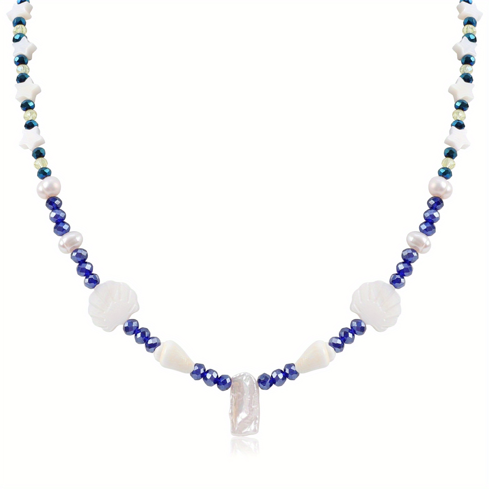 Freshwater Pearl and Beads Necklace, Real Pearl and Blue Beads