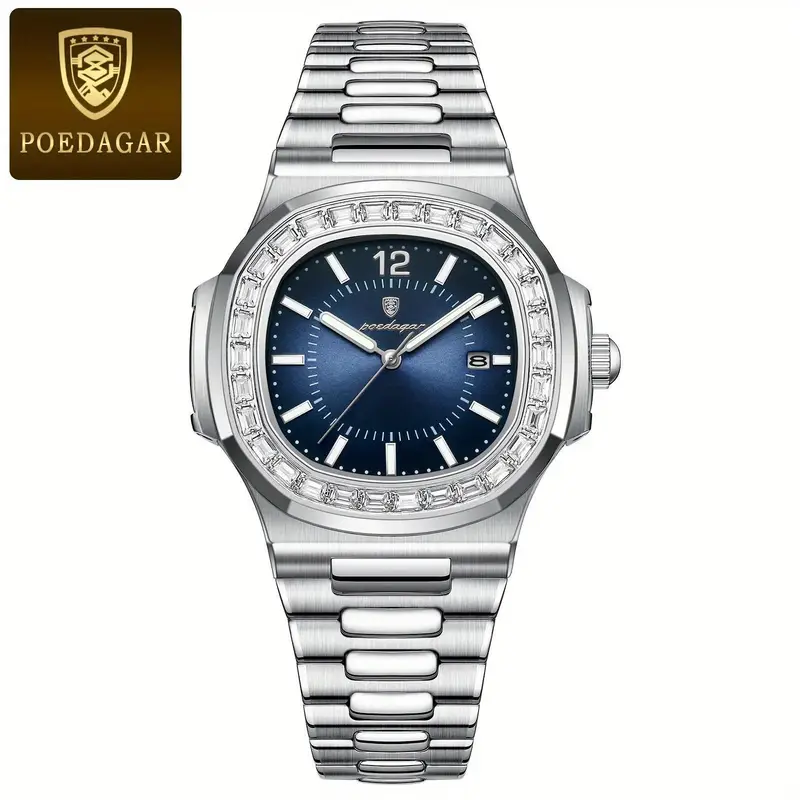 poedagar ultra thin fashion rhinestone square waterproof date stainless steel quartz watch silver blue 10