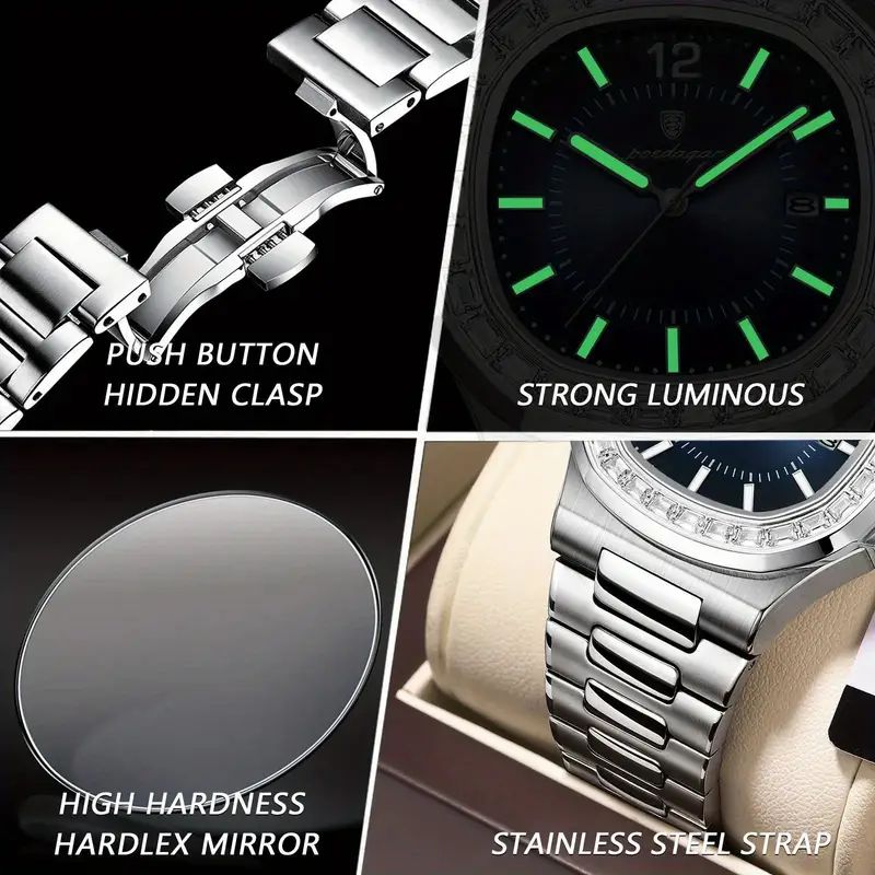 poedagar ultra thin fashion rhinestone square waterproof date stainless steel quartz watch 5