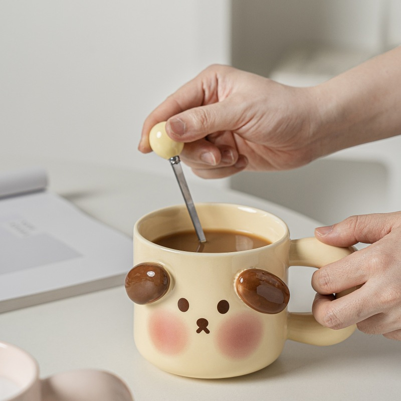 Cute Cartoon Kids Mugs Lids Spoon Ceramic Water Milk Coffee Tea