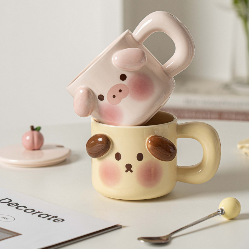 1pc 450ml Cute Coffee Mug For Girls With Lid & Spoon Ceramic Milk Breakfast  Cup, Cartoon Couple Mark Cup For Home Use