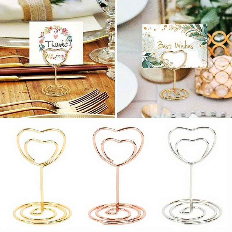 10pcs Romantic Heart Photo Clips Metal Rose Golden Silvery Place Memo Card  Holder Table Number Stand Wedding Desktop Decor Supplies
