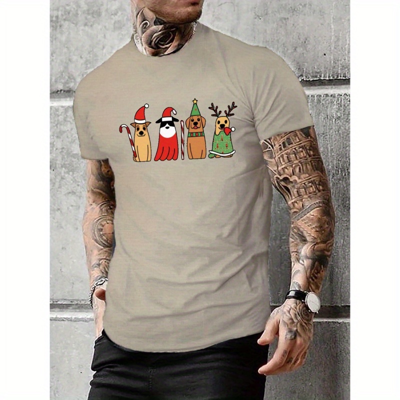 

Christmas Cute Dogs And Elk Graphic Print Men's Creative Top, Casual Short Sleeve Crew Neck T-shirt, Men's Clothing For Summer Outdoor