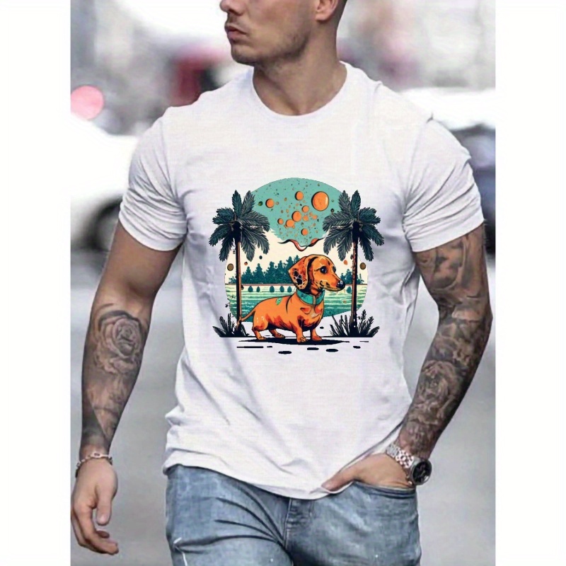 

Trendy Crew Neck Tees For Men, Casual Dachshund Print T-shirt, Short Sleeve T-shirt For Summer