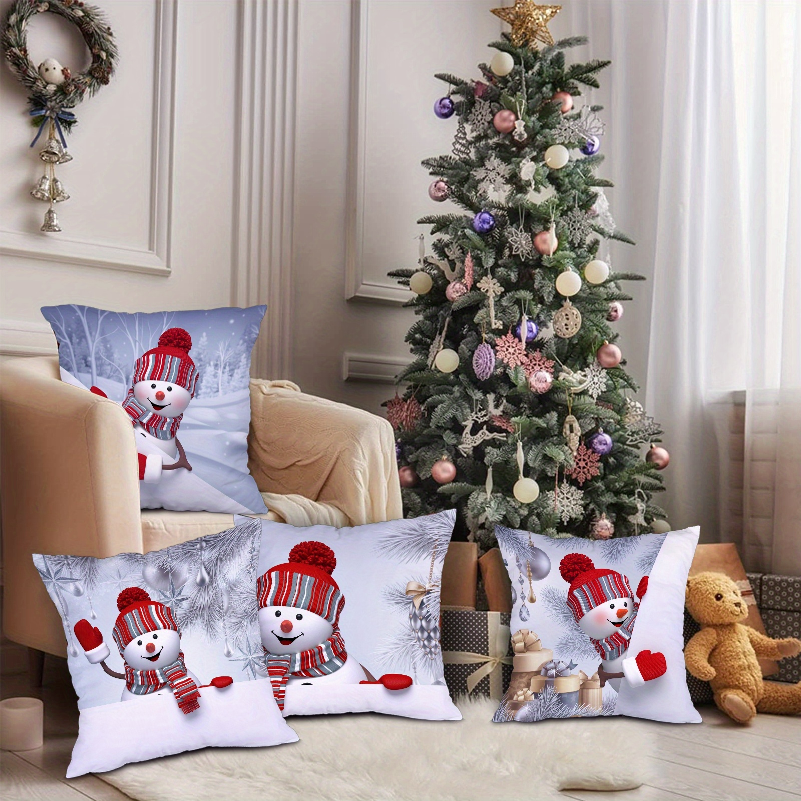 1/4PCS Merry Christmas Throw Pillow Covers Deer Snowflakes Snowman  Decorative Pillow Covers for Sofa Couch Bed and Car Throw Pillow Covers 