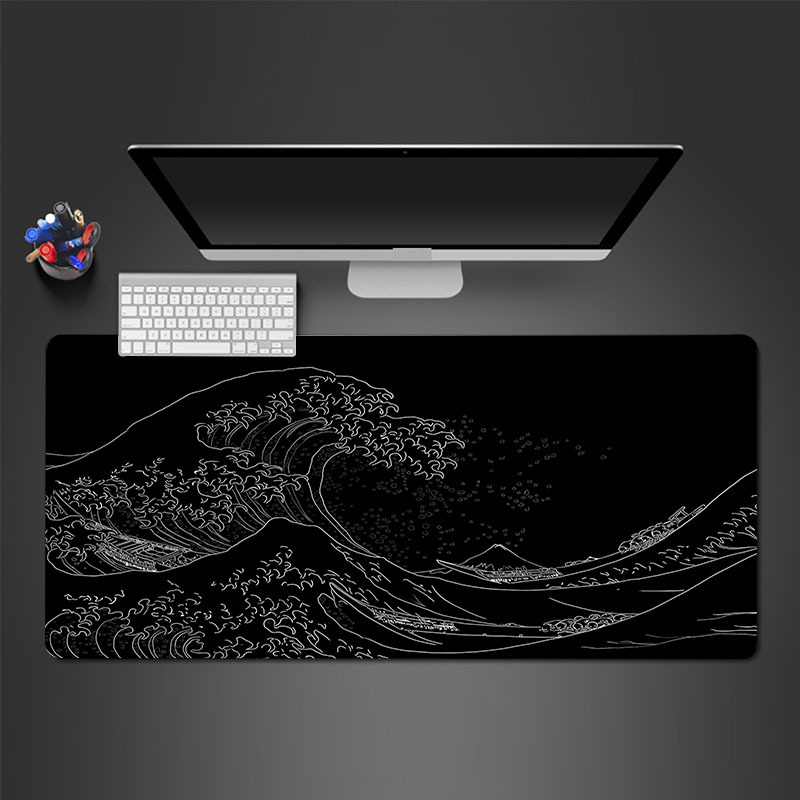 

Black And White Japanese Waves Sea Mouse Pad Abstract Large Gaming Mouse Pad 35.4x15.7 Inch Non-slip Rubber Base Mousepad Stitched Edges Keyboard Desk Pad For Office Home Game