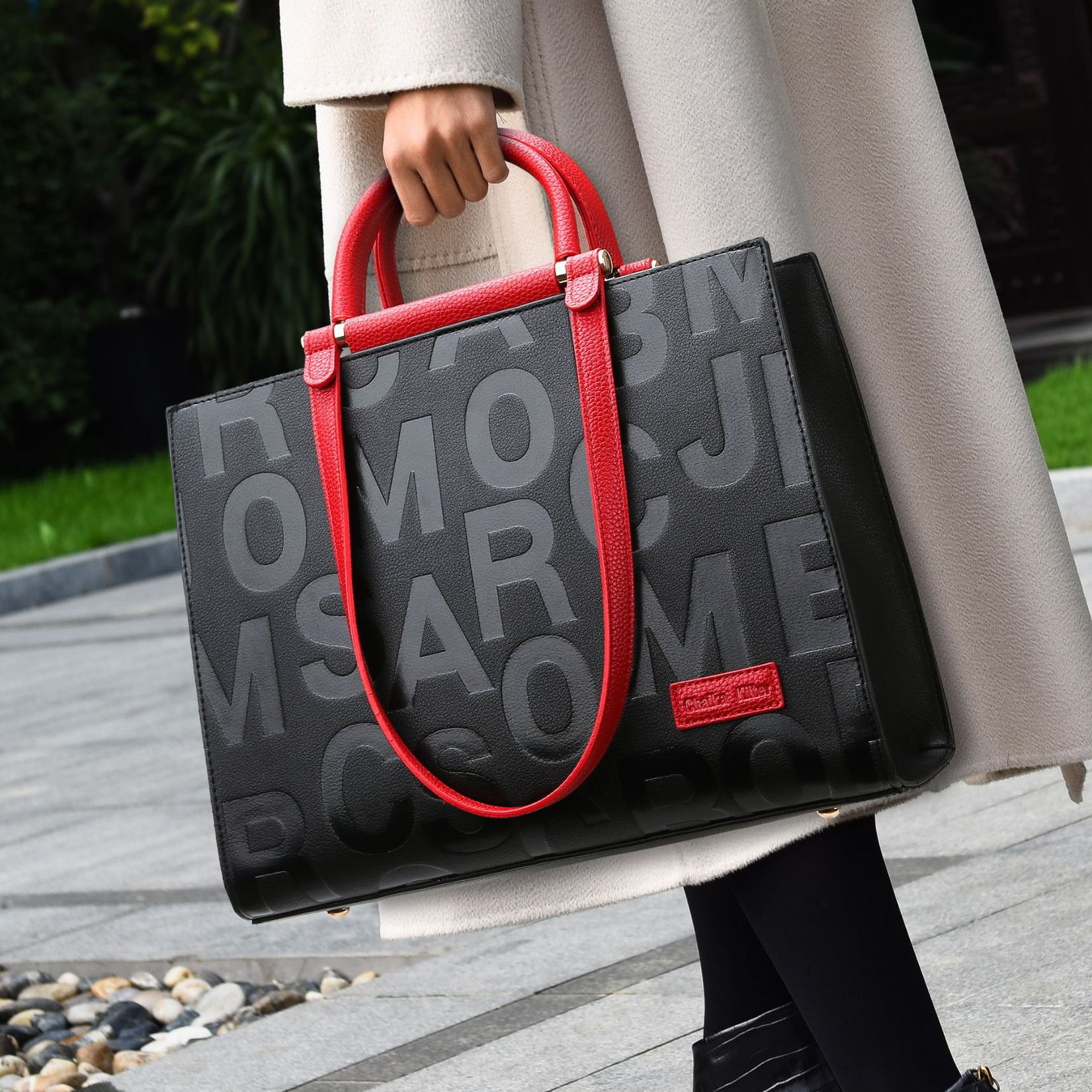 Elegant Letter Detail Handbag, Trendy Double Handle Purse For Work