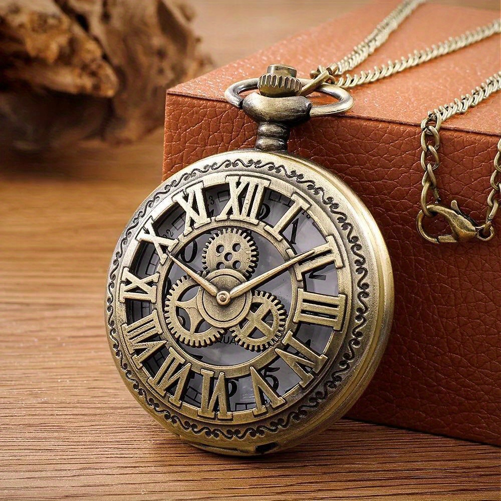 TEMU 1pc Roman Quartz Pocket Watch Bronze Case Necklace Chain Pendant Clock For Men Women Birthday Christmas New Year Gifts