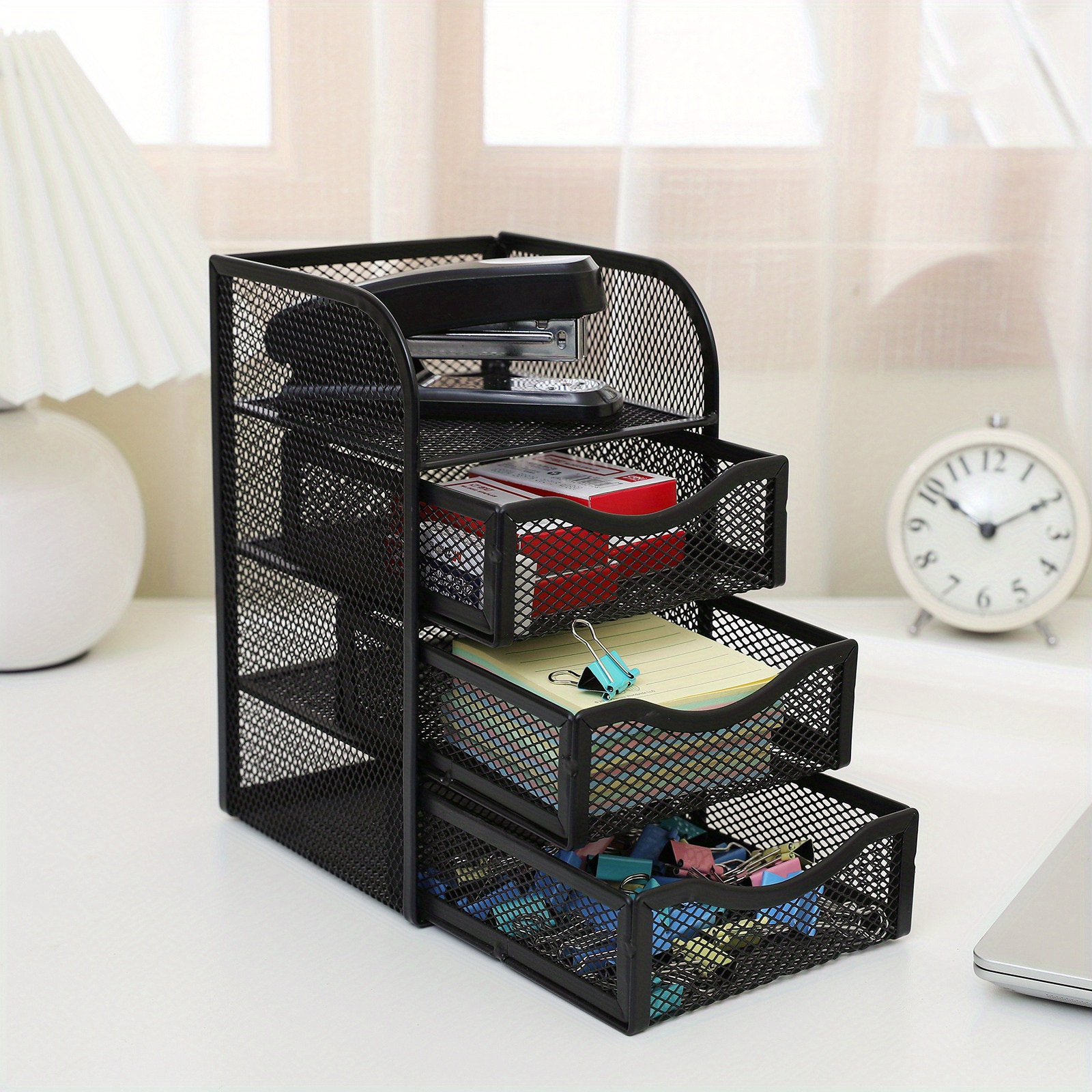 Mesh Desk Organizer Office Supplies Caddy with Pencil Holder and Storage  Baskets for Desk Accessories, 3 Compartments, Black