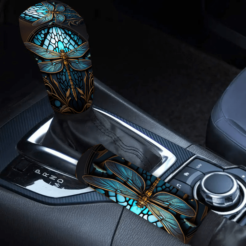 

Blue Dragonfly Print 2pcs Car Gear Shift Cover Auto Handle Hand Brake Protect Accessories Case Black Sleeve Universal Stick Dustproof Sports, Gift