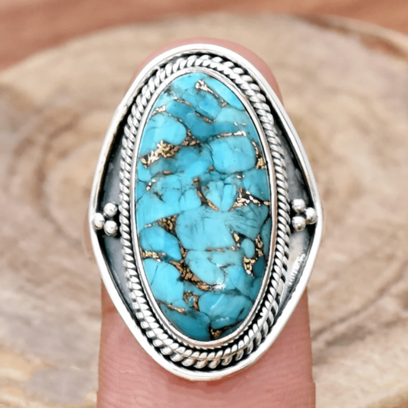

Vintage Ring Inlaid Turquoise In Egg Shape Retro Carving On The Edge Suitable For Men And Women Match Daily Outfits Party Accessory
