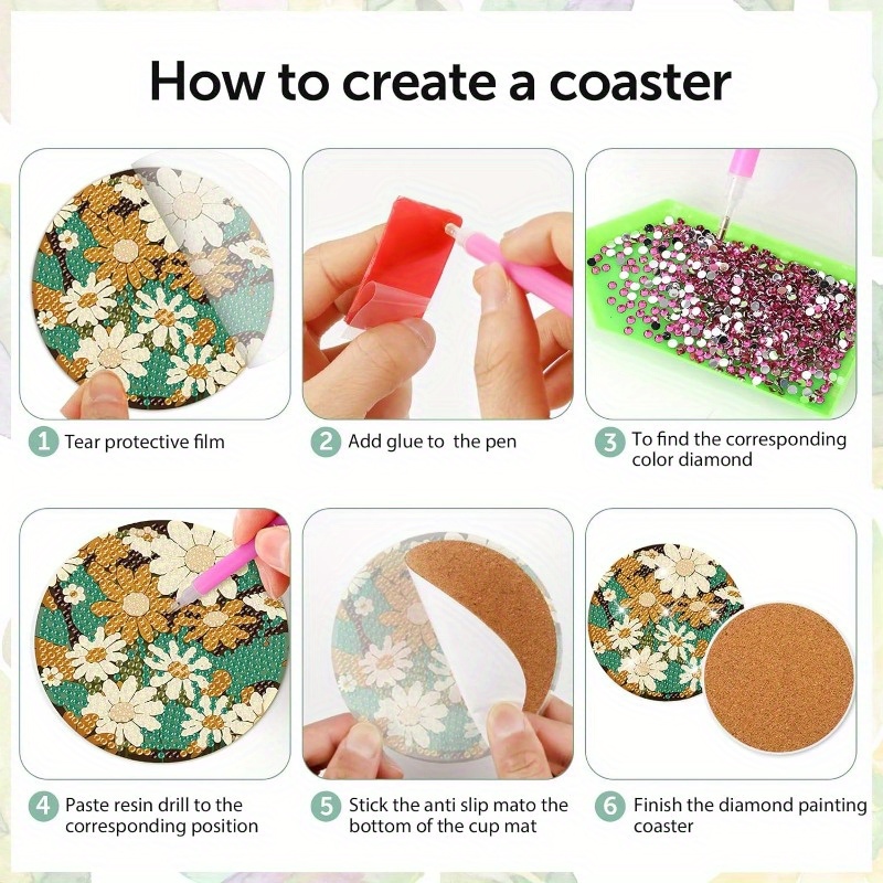 Temlum 6 Pcs Diamond Painting Coasters with Holder, DIY Flower Coasters  Small Diamond Painting Kits for Beginners, Adults, Kids Diamond Art  Coasters