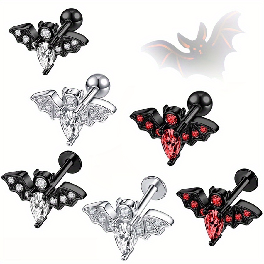 

1pc Punk Bat Design Stainless Steel Stud Earring, Cubic Zirconia Labret Ring, Helix Tragus Cartilage Ear Piercing Jewelry