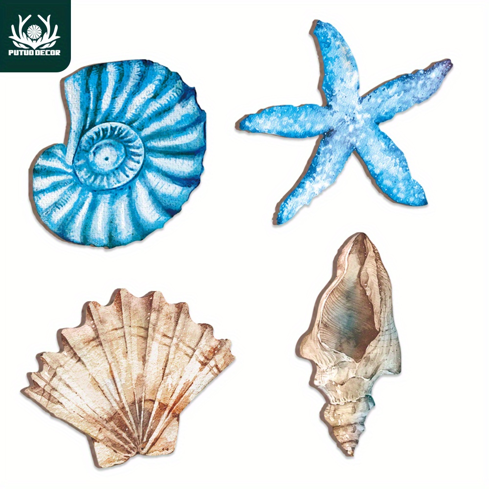 

4pcs Scallops Starfish Conch Wooden Sign, Ocean Style Wall Art Decor For Home Beach House Cafe Coffee Shop Office Living Room Gifts